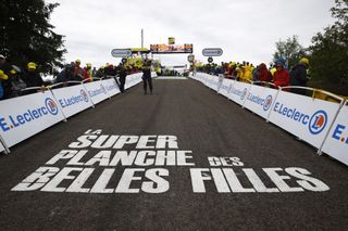 The paved finish line at the end of the gravel section atop La Super Planche des Belles Filles during the 2019 Tour de France