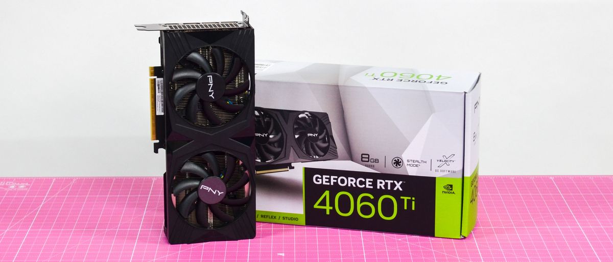 A PNY GeForce RTX 4060 Ti on a desk with a pink desk mat.