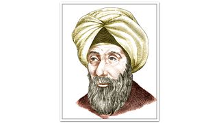 Color enhanced portrait of Hasan Ibn al-Haytham, also known as Alhazen. He was a (965-1040) was a Muslim scientist and polymath. In this image he is wearing a yellow/gold turban and a red cloak. He has a medium-length beard.