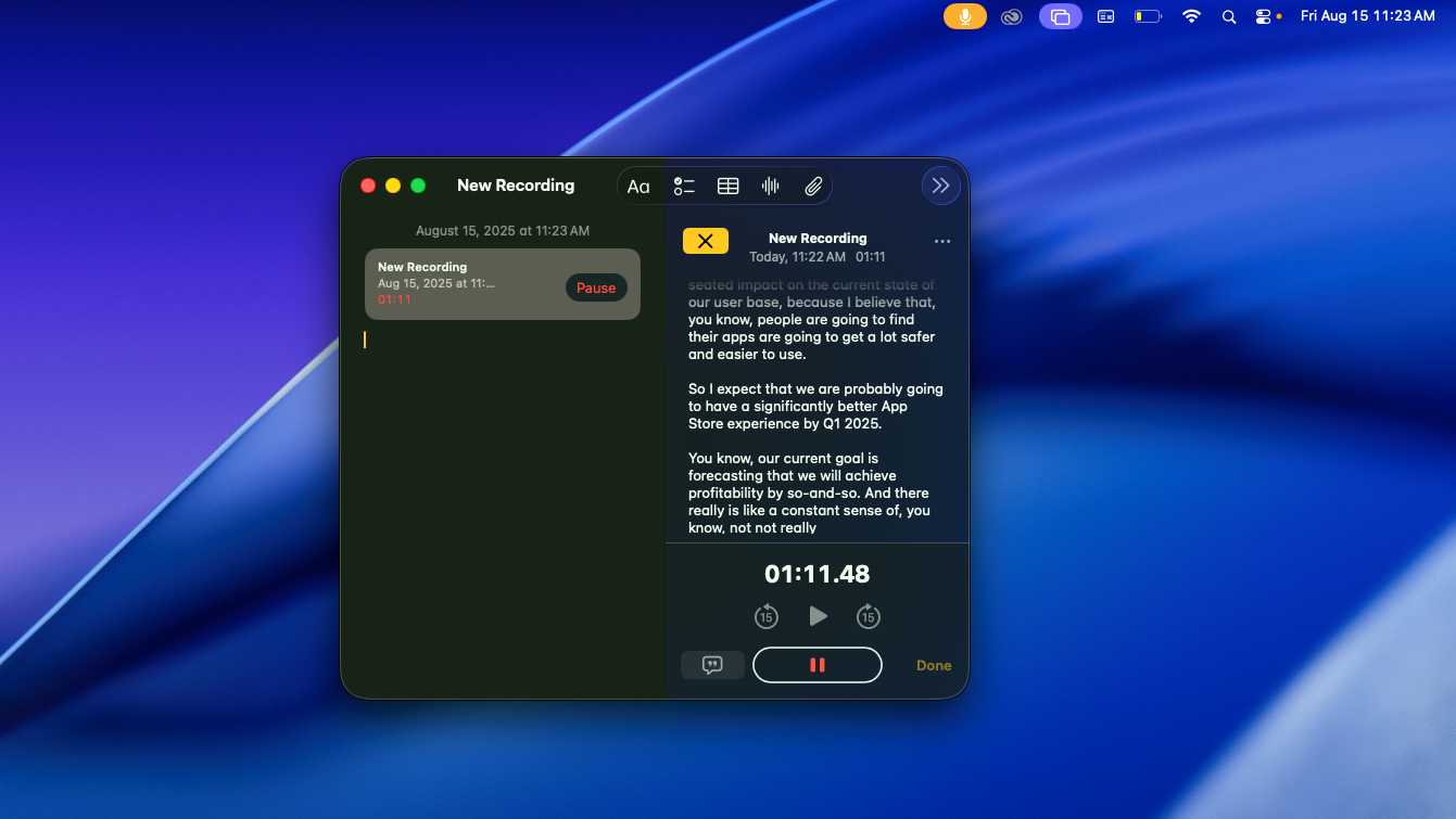 macOS Tahoe Notes app recording and transcribing in action