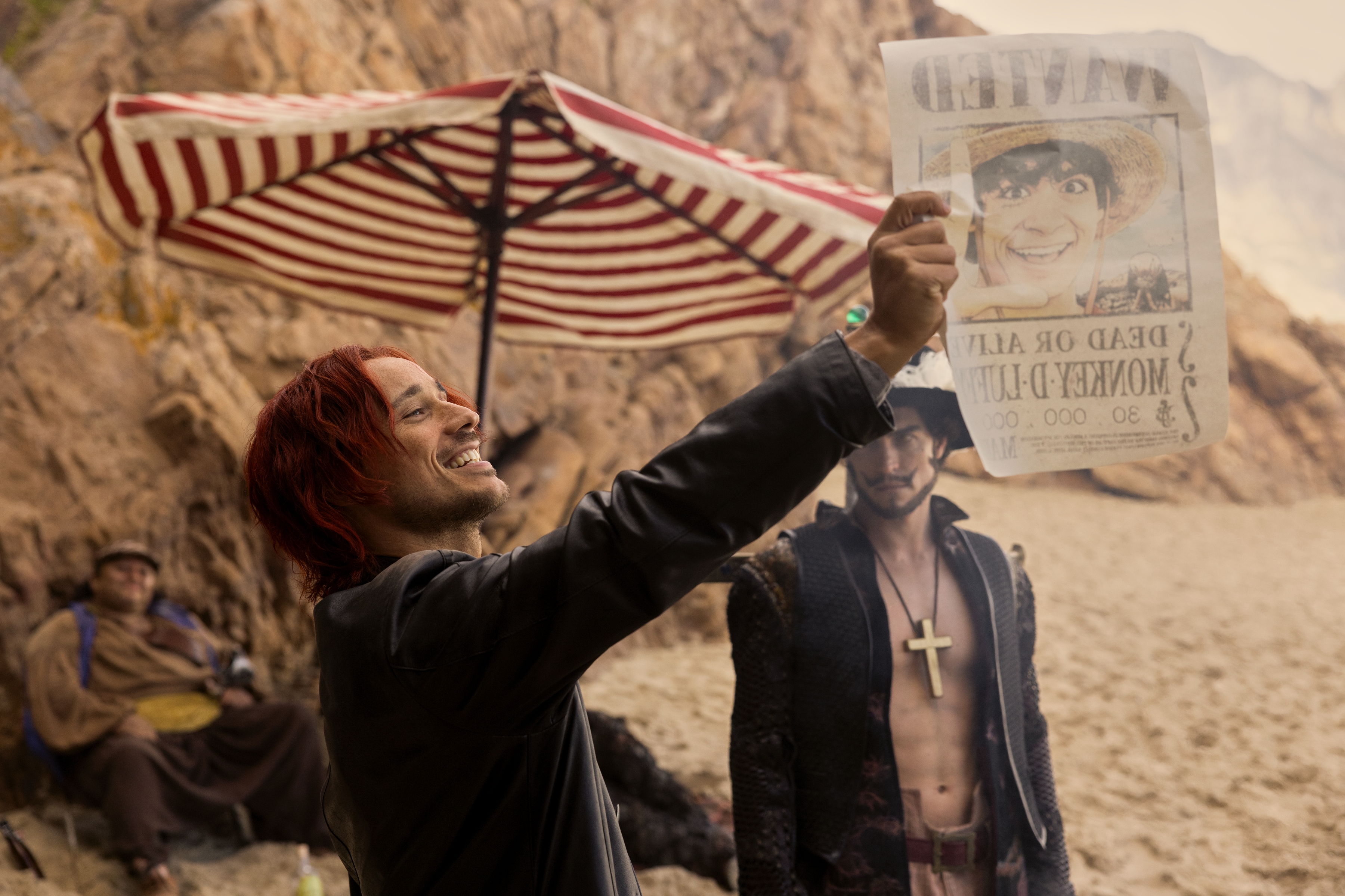 Peter Gadiot as Shanks, Steven Ward as Mihawk in season 1 of One Piece