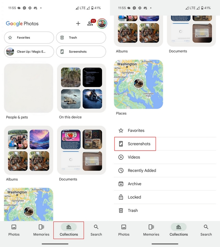 New layout of Google Photos and the Collections tab.