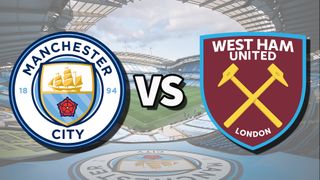 The Manchester City and West Ham United club badges on top of a photo of the Etihad Stadium in Manchester, England