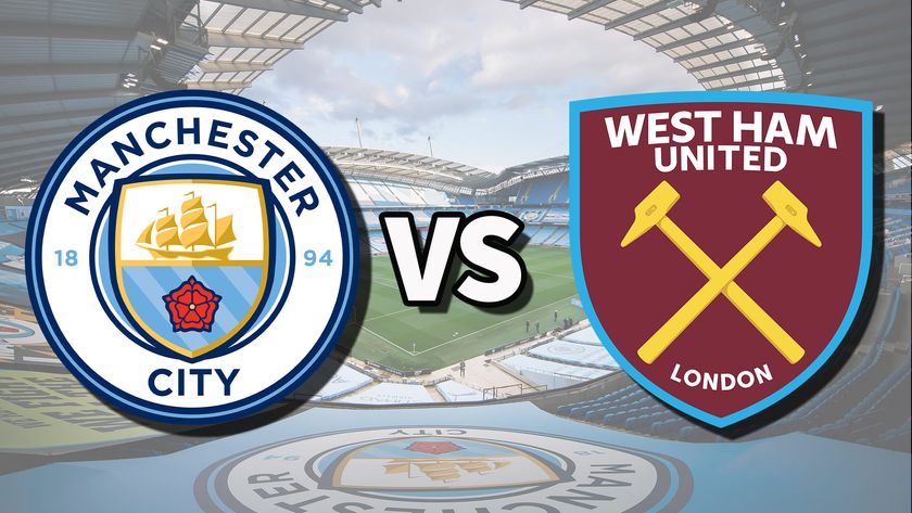 The Manchester City and West Ham United club badges on top of a photo of the Etihad Stadium in Manchester, England