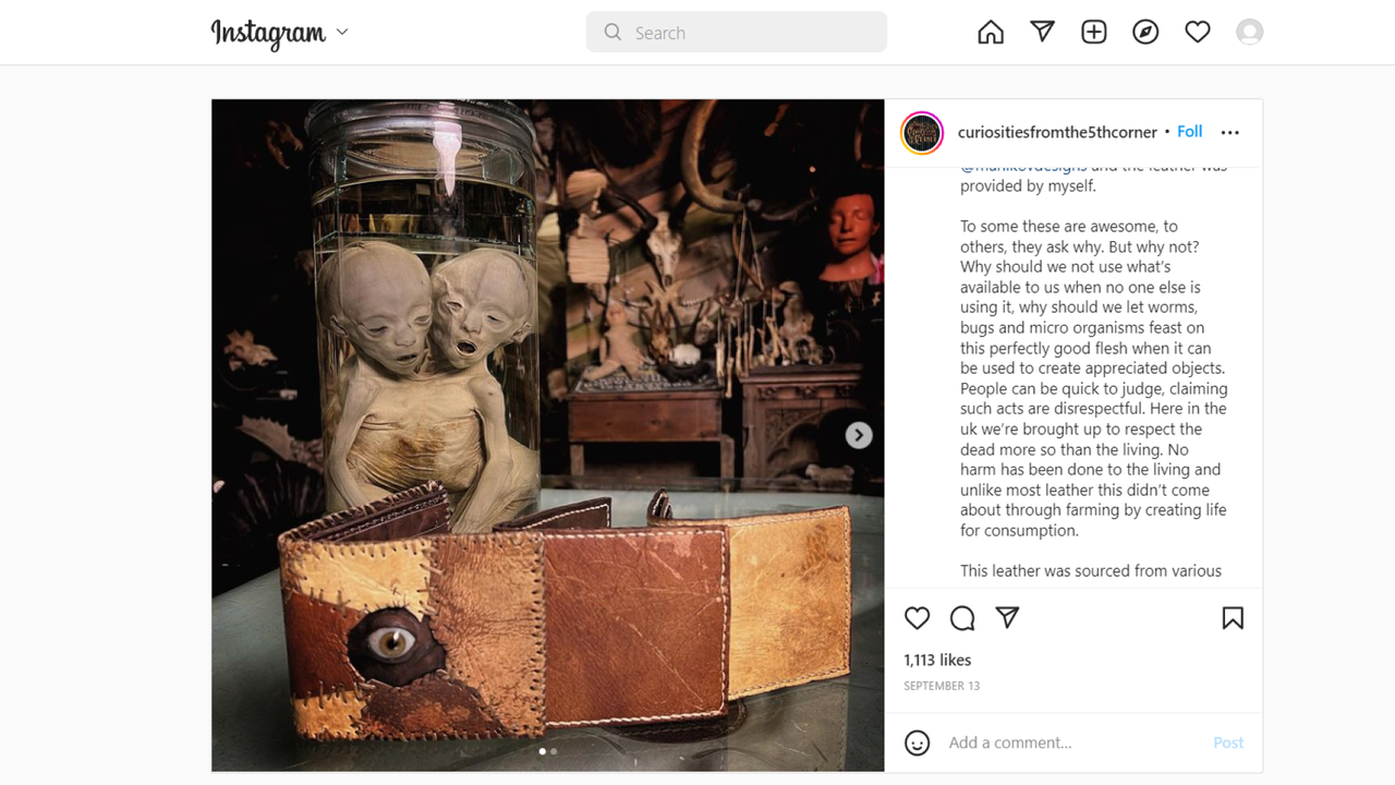 A screenshot of human and pig skin wallets on Instagram.
