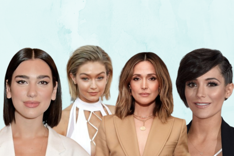 a collage showing the best bob hairstyles on celebrities Dua Lipa, Rose Byrne, Gigi Hadid and Frankie Bridge