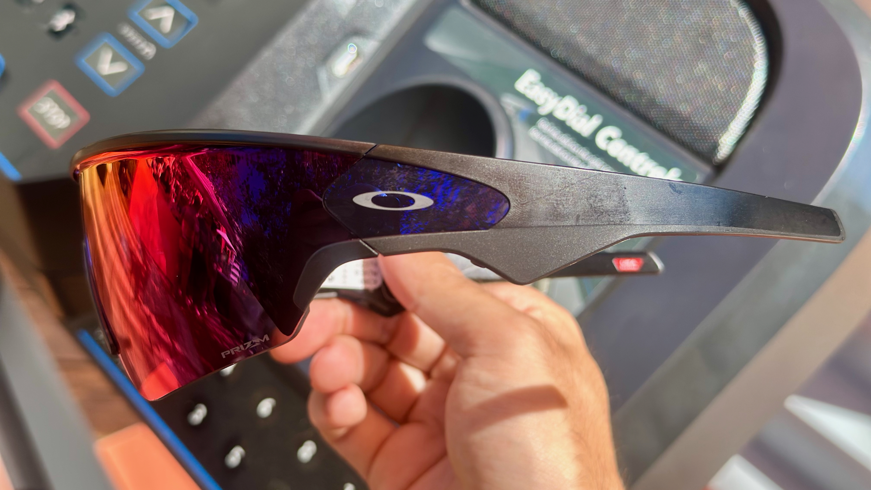 Photo of the Oakley Meta Vanguard smart glasses from a side view showing the design and Oakley logo.