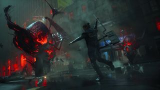 A screenshot from the game Control Resonant showing Dylan Faden, The Hiss, the warped streets of Manhattan, and active combat