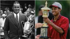 Bobby Jones pictured with the US Open trophy and Tiger Woods lifting the US Amateur Championship