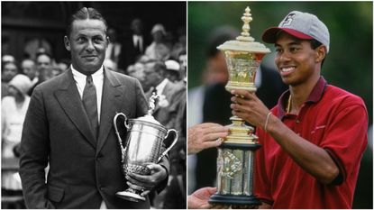 Bobby Jones pictured with the US Open trophy and Tiger Woods lifting the US Amateur Championship
