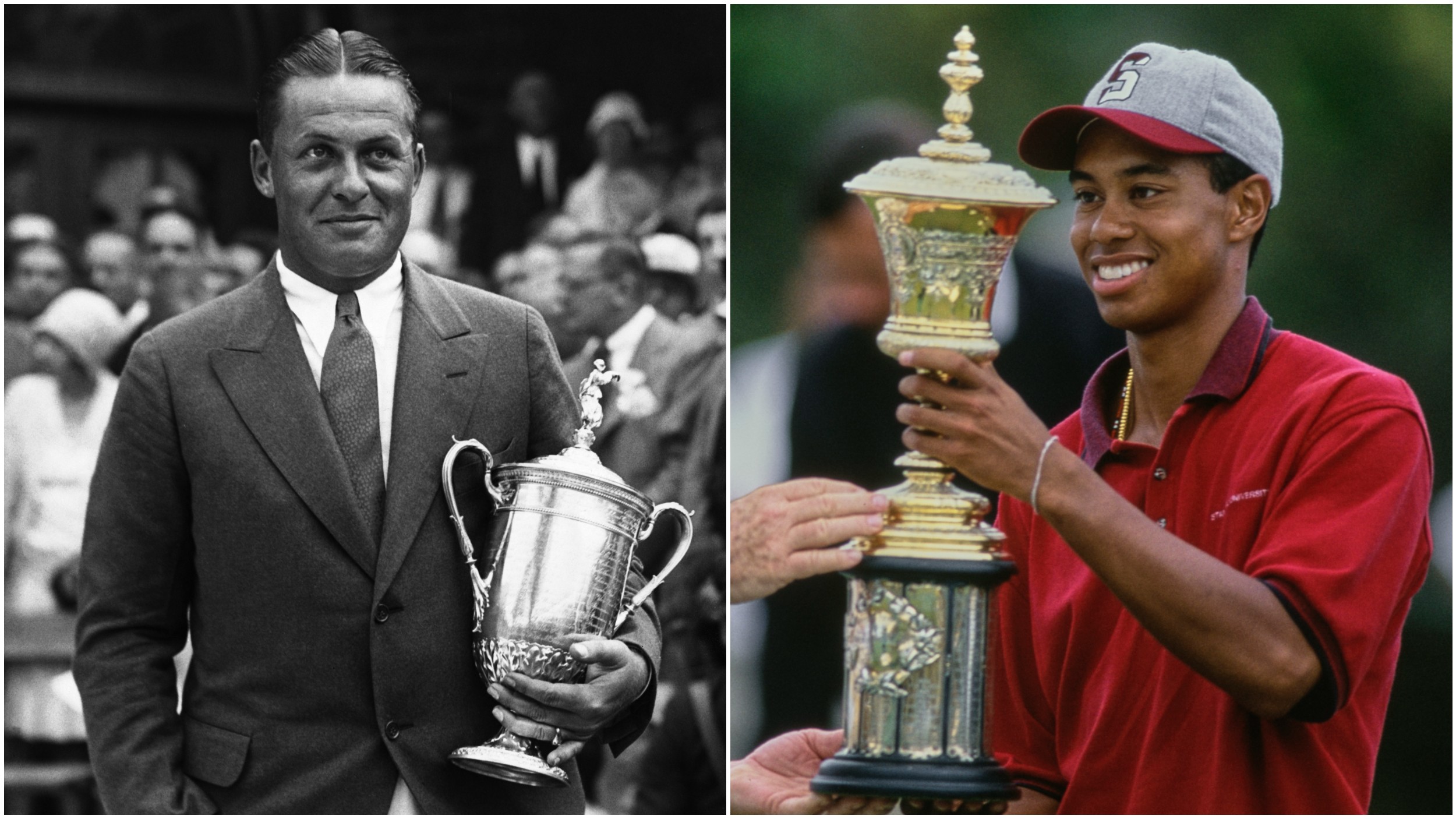 Bobby Jones pictured with the US Open trophy and Tiger Woods lifting the US Amateur Championship