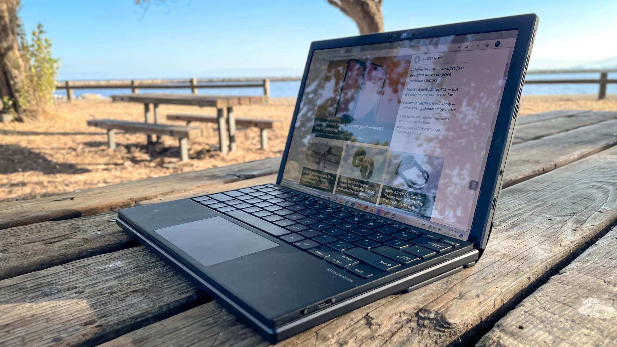 Asus Zenbook 17 Fold OLED review unit on the picnic table outside