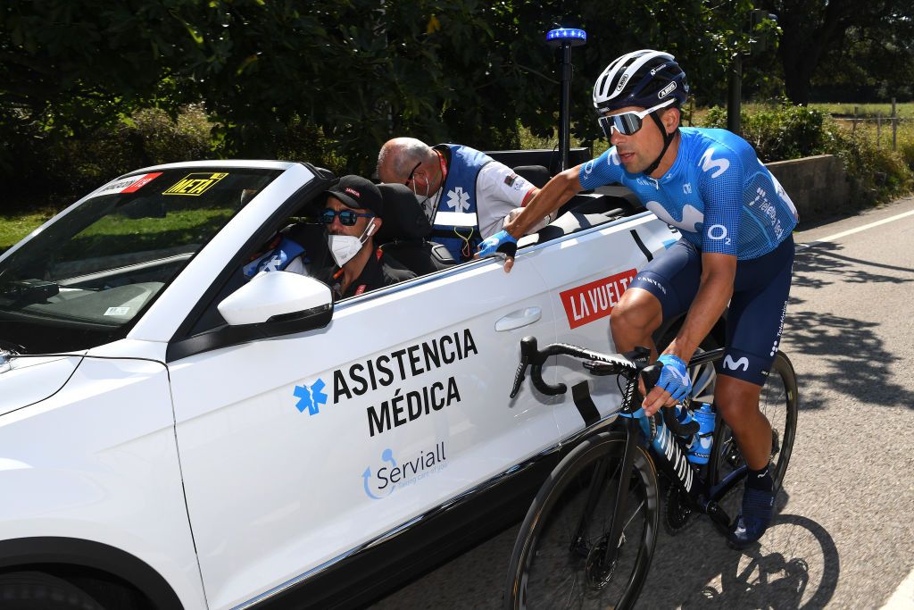 SANTA CRUZ DE BEZANA SPAIN AUGUST 31 Imanol Erviti of Spain and Movistar Team injured after crash during the 76th Tour of Spain 2021 Stage 16 a 180km stage from Laredo to Santa Cruz de Bezana lavuelta LaVuelta21 on August 31 2021 in Santa Cruz de Bezana Spain Photo by Tim de WaeleGetty Images