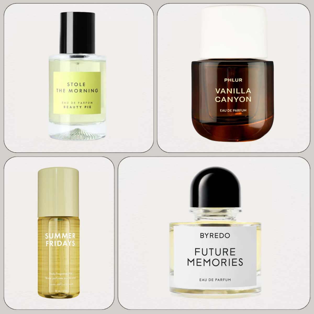 A collage of new-in perfumes from Beauty Pie, Phlur, Summer Fridays and Byredo