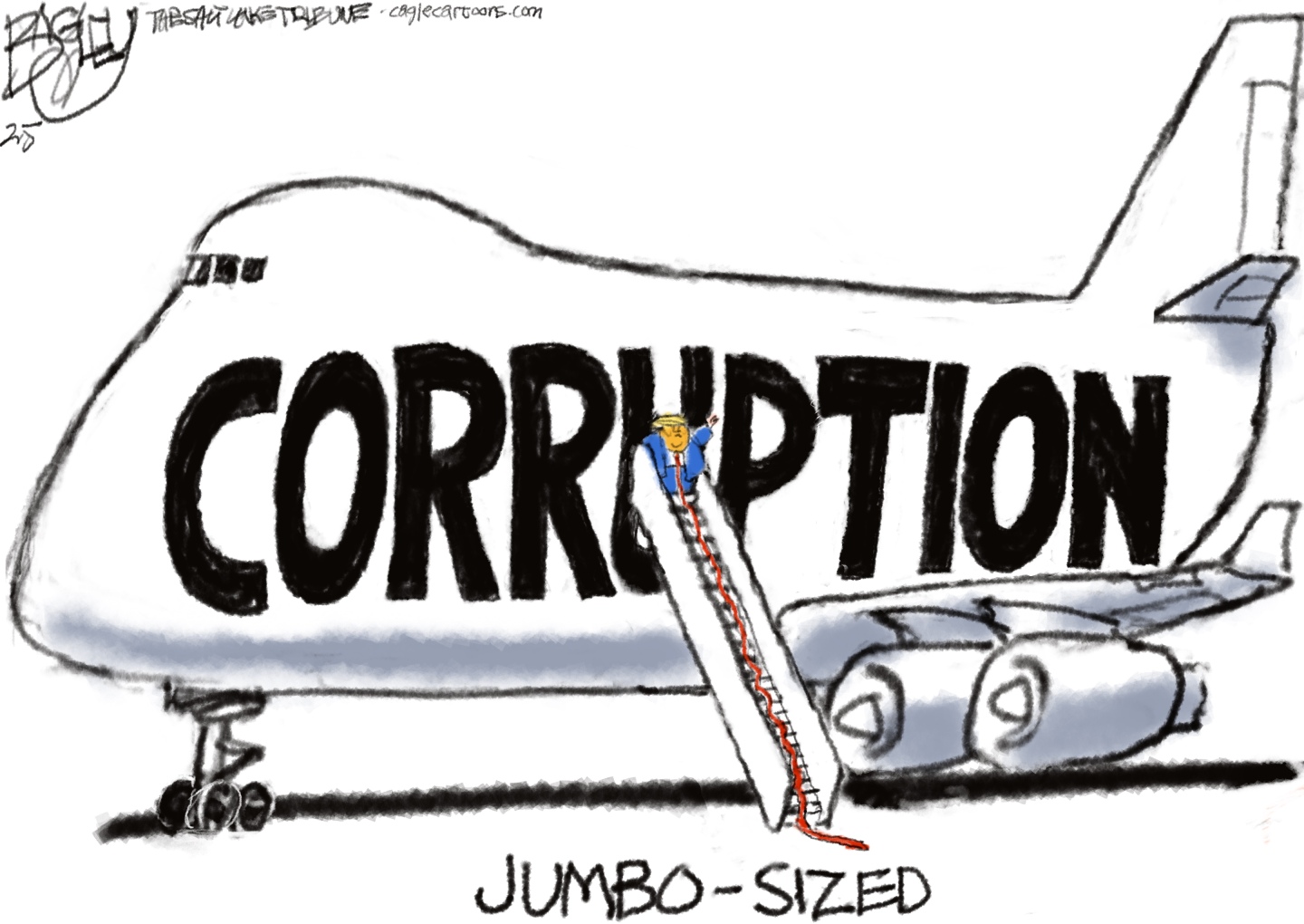 This cartoon depicts a large airplane labeled with the word "CORRUPTION" written across its side in large, bold letters. A small figure resembling Donald Trump is shown atop the stairs leading up to the plane.