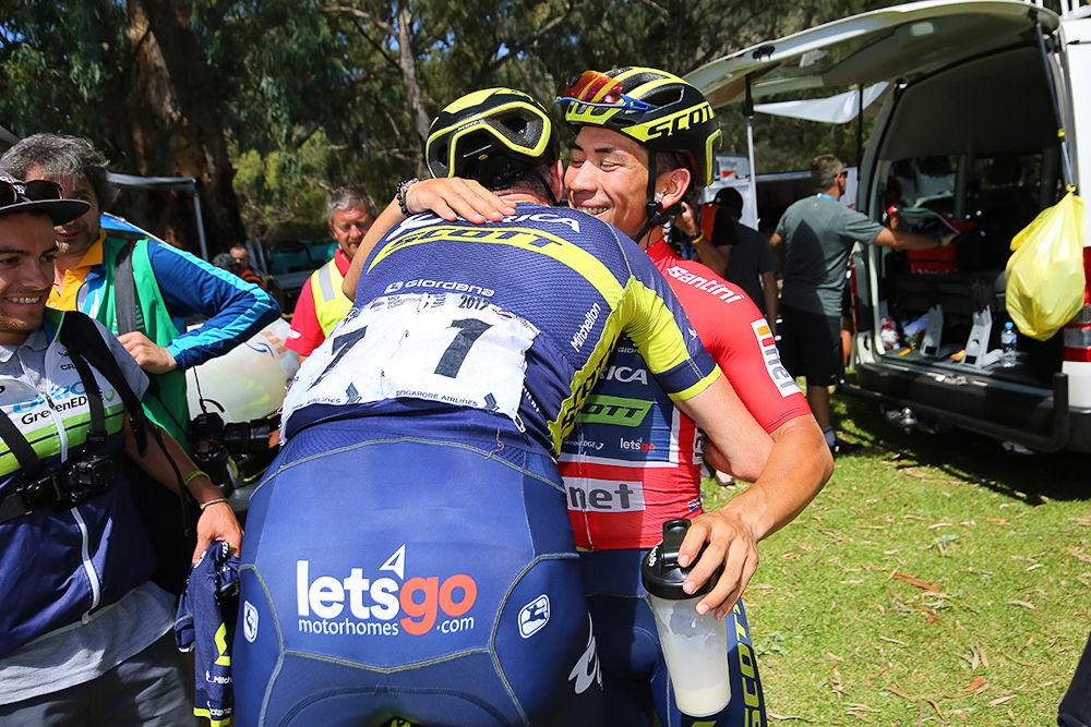 Ewan gets congratulations from Damien Howson