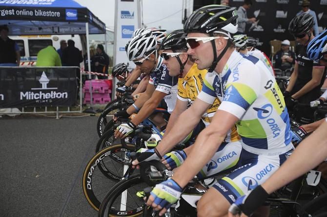 The men's peloton lines up for the Portarlington Criterium.