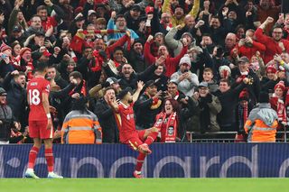 LIVERPOOL, ENGLAND - NOVEMBER 09: Mohamed Salah of Liverpool celebrates scoring his team's second goal during the Premier League match between Liverpool FC and Aston Villa FC at Anfield on November 09, 2024 in Liverpool, England. (Photo by Carl Recine/Getty Images)