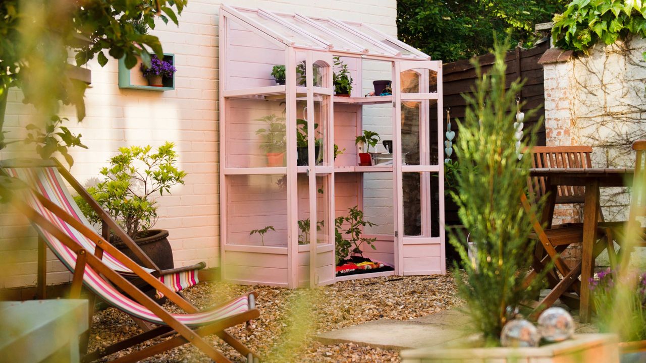 garden with deckchairs, plants, flowers, pink half greenhouse with tomatoes and other plants inside 