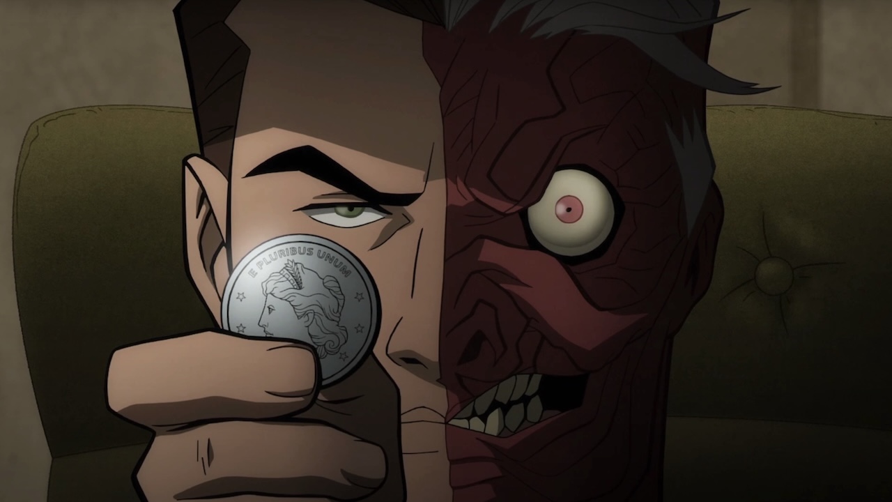 Josh Duhamel&#039;s Two-Face holding up his coin in Batman: The Long Halloween