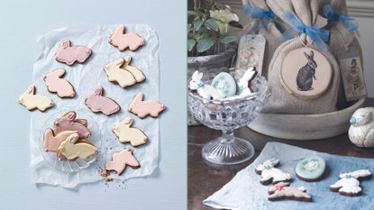 A composite image of bunny shaped easter biscuits displayed in two different formats but made from the same Easter biscuits recipe