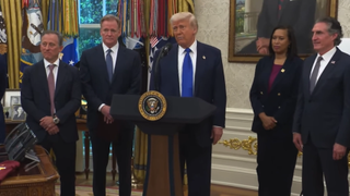 President Trump discussing movie tariffs at a White House press conference.