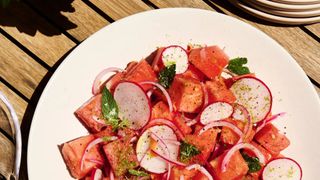chunks of watermelon with radishes and pickled onions
