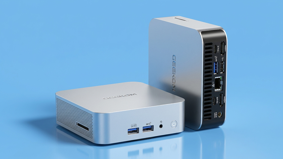 Geekom A5 Pro mini PC on a blue background