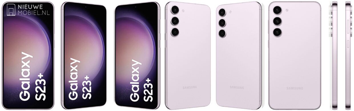 Image of leaked renders of the Samsung Galaxy S23 Plus in Lilac color