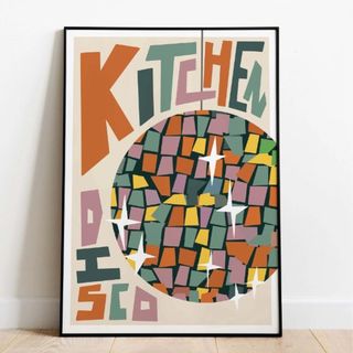Bright and colourful, retro kitchen print with multi-coloured disco ball and large font print saying Kitchen Disco