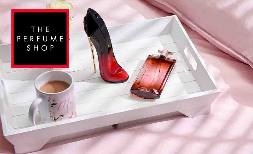 The Perfume Shop logo placed over a cup of tea and perfume 