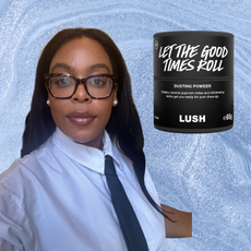 An image of a woman with long hair between two bottles of Lush dusting powders.