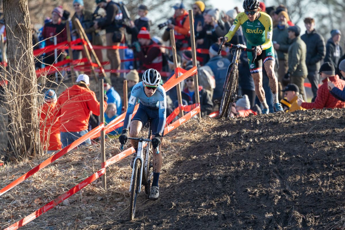 Eric BRUNNER had a narrow lead on Gage Hecht after the New Beligum stairs on lap one
