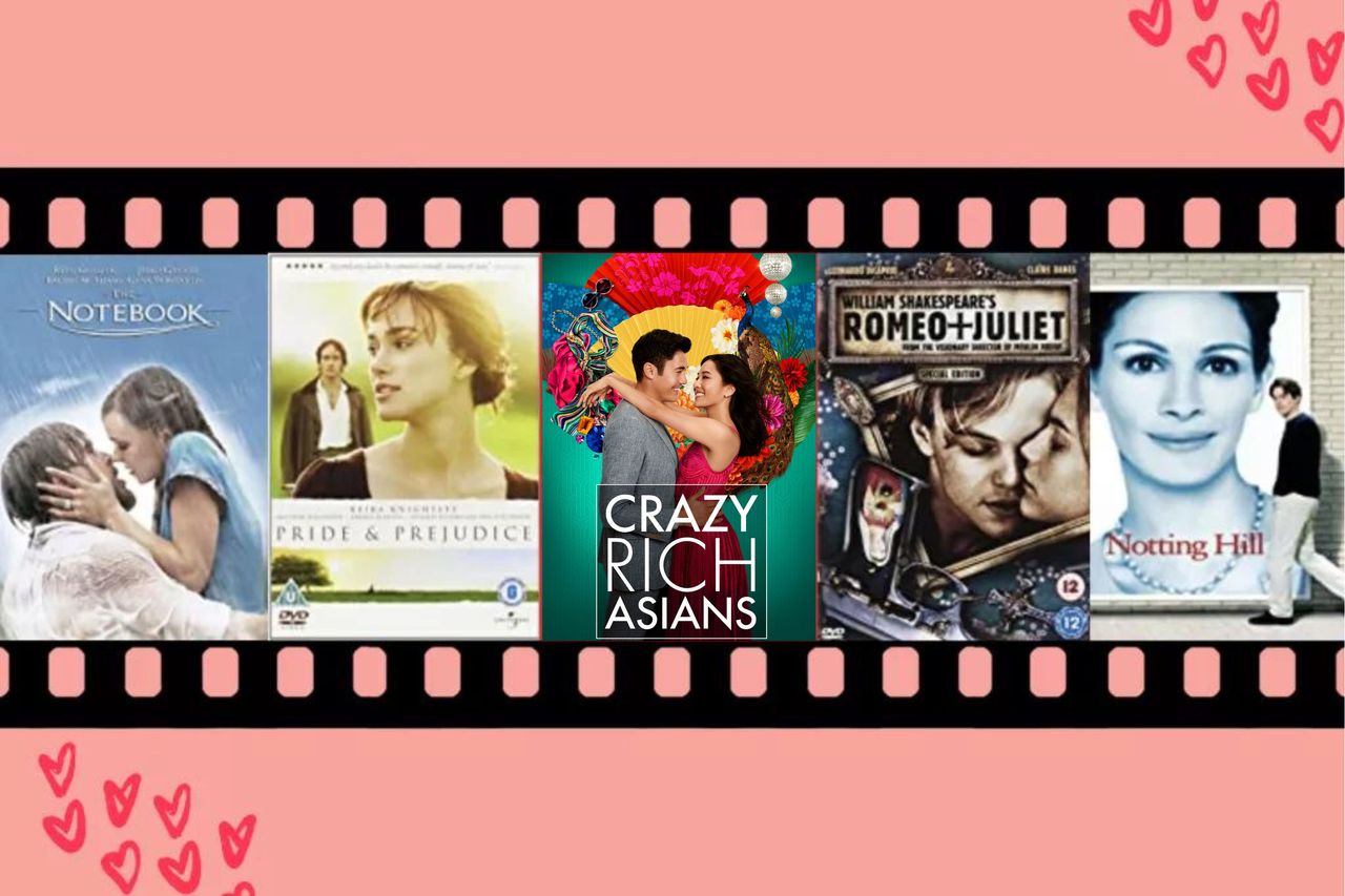 a collage of the best romantic movies such as The Notebook and Crazy Rich Asians available to stream on Netflix and Amazon Prime for Valentine&#039;s Day