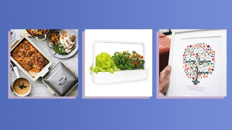 Three of the best Christmas gifts for grandparents from Le Creuset, Click and Grow, and Not On The High Street shown side-by-side