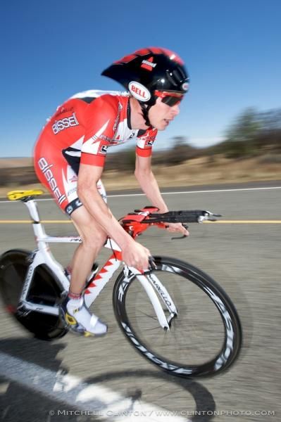 Chris Baldwin (BISSELL Pro Cycling) thrashing out of the saddle on the climb