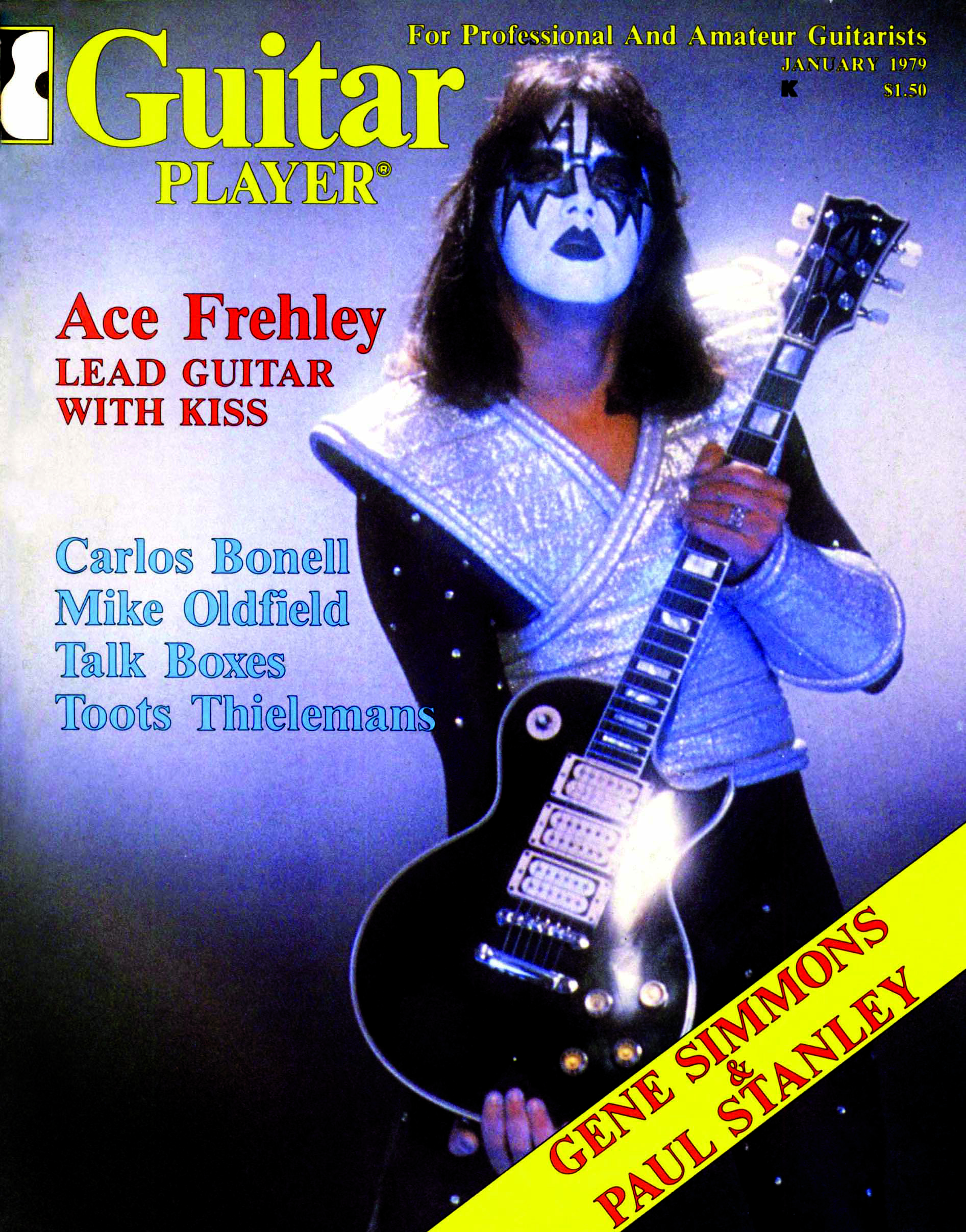 The cover of Guitar Player's January 1979 issue featuring Kiss guitarist Ace Frehley in full makeup and costume and holding his Gibson Les Paul