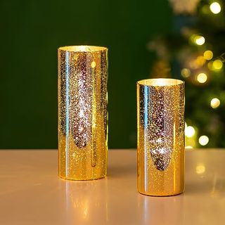 Glasseam Gold Hurricane Candle Holder Set of 2, Mercury Glass Candle Holder, Cylinder Candle Holders for Pillar Candles, Floating Candle Vases for Centerpieces Wedding Table Christmas Party 7.8''+10''