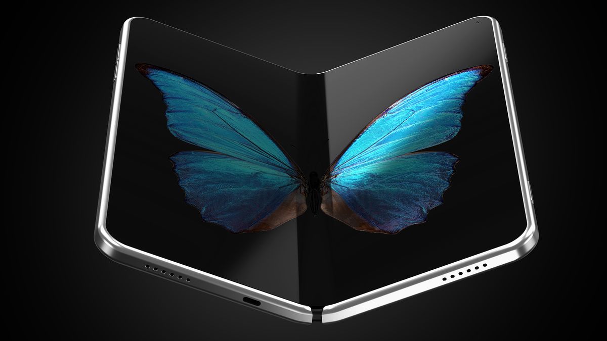 A concept image of a folding phone with a picture of a butterfly&amp;#039;s wings spread across the two halves of the screen