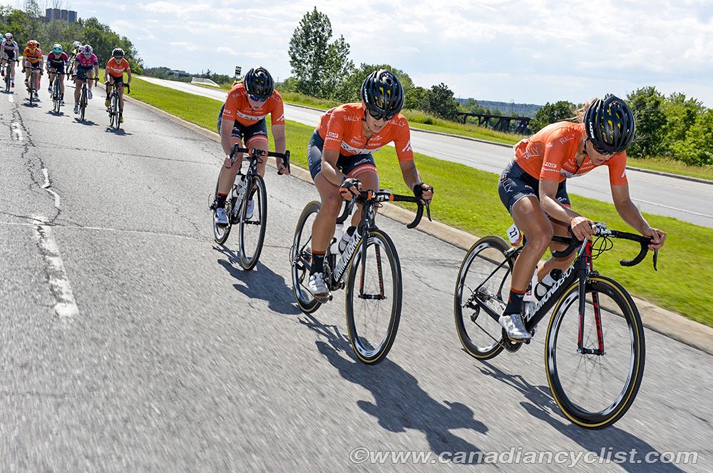 Kirsti Lay leading Rally Cycling teammates Sara Bergen and Allison Beveridge