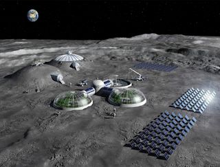 Artist impression of a Moon Base concept with solar arrays for energy generation, greenhouses for food production and habitats shielded with regolith.