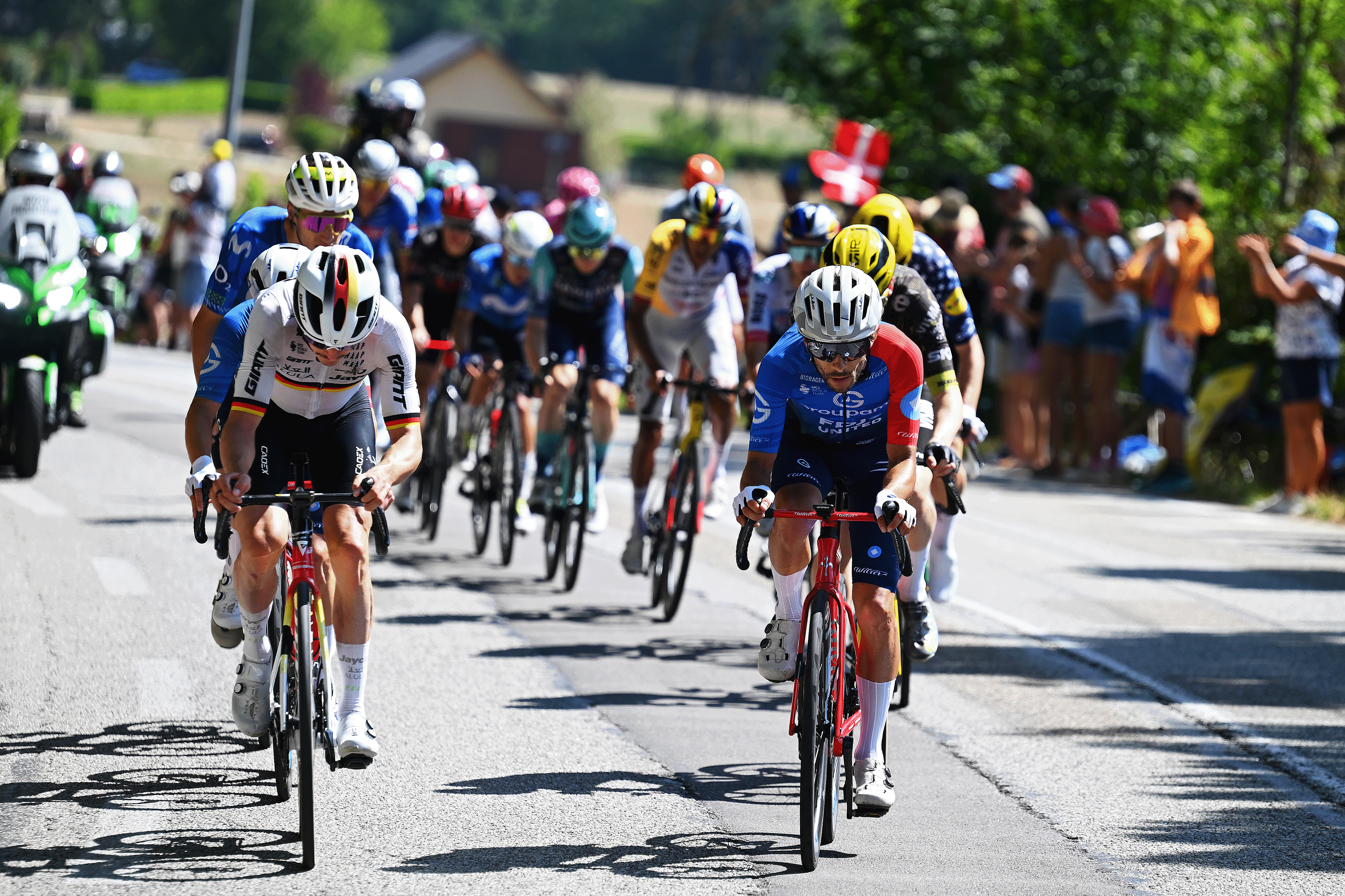 VOIRON, FRANCE - JULY 22: (L-R) Felix Engelhardt of Germany and Team Jayco AlUla and Guillaume Martin of France and Team Groupama - FDJ United compete in the breakaway during the 113th Tour de France 2026, Stage 17 a 174.7km stage from Chambery to Voiron / #UCIWT / on July 22, 2026 in Voiron, France. (Photo by Tim de Waele/Getty Images)