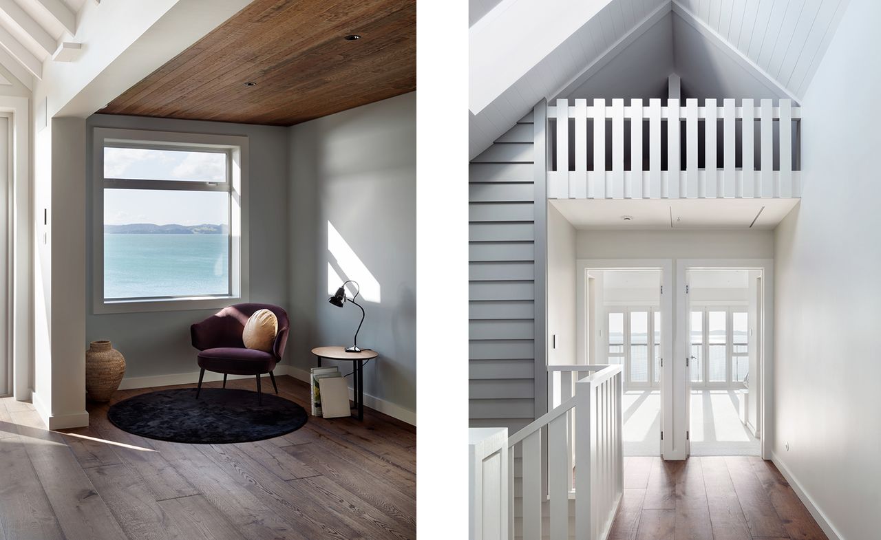 Chair, table and window view in the image on left, on the right a white doorway