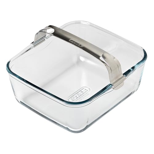 Pyrex Ideal Air Fryer Glass Baking Dish 20 X 18 Cm With Detachable Stainless Steel Clip Handle for Single Basket Air Fryers, Ultra-Resistant Borosilicate Glass, 2 L