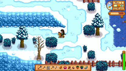Riding around on a horse during winter in Stardew Valley