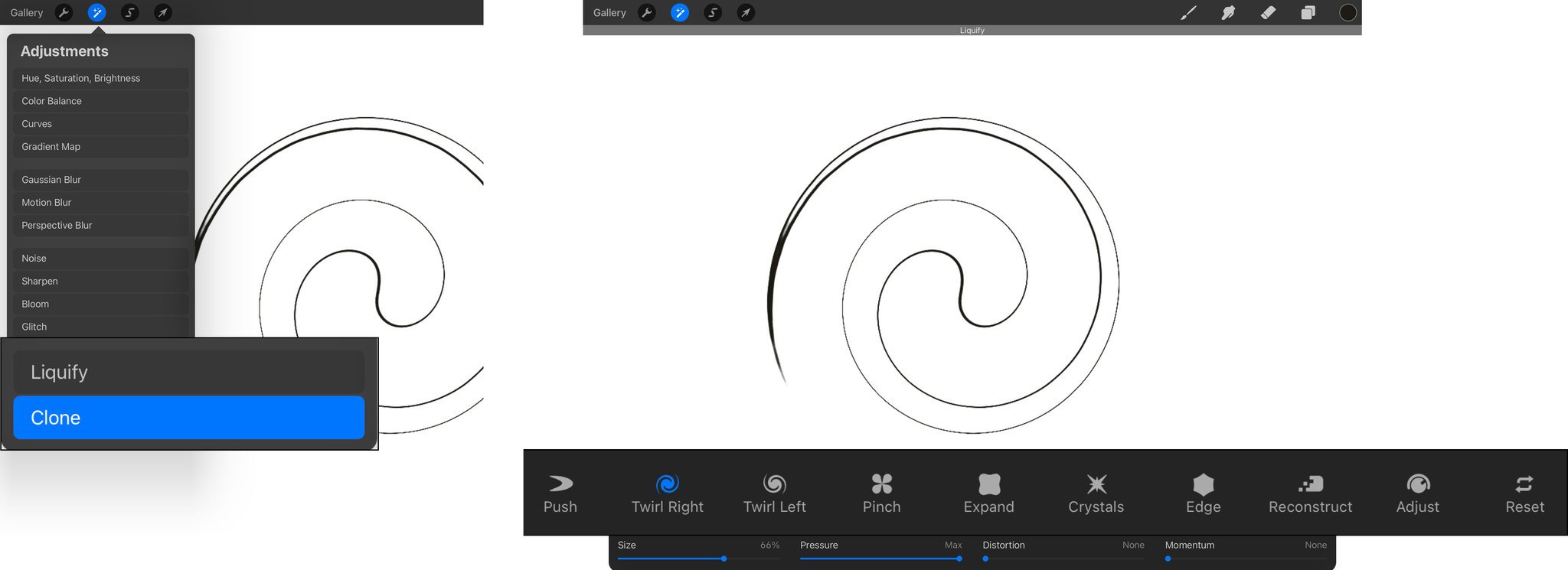 Liquify and Clone adjustments are available in the Adjustments menu, but they can only be applied manually using your finger or stylus. Liquify will distort your image and Clone will copy portions of the artwork and paste it where you're touching the iPad screen.