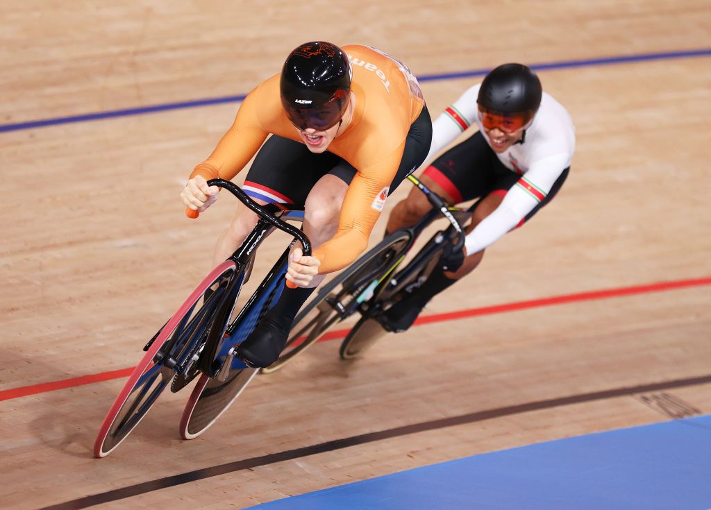 IZU JAPAN AUGUST 04 Harrie Lavreysen of Team Netherlands ahead of Jair Tjon En Fa of Team Suriname during the Mens sprint round of 16 finals heat 2 of the track cycling on day twelve of the Tokyo 2020 Olympic Games at Izu Velodrome on August 04 2021 in Izu Japan Photo by Justin SetterfieldGetty Images