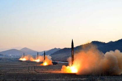 An undated photo released by North Korea's Korean Central News Agency on March 7, 2017, showing the launch of four ballistic missiles by the Korean People's Army.