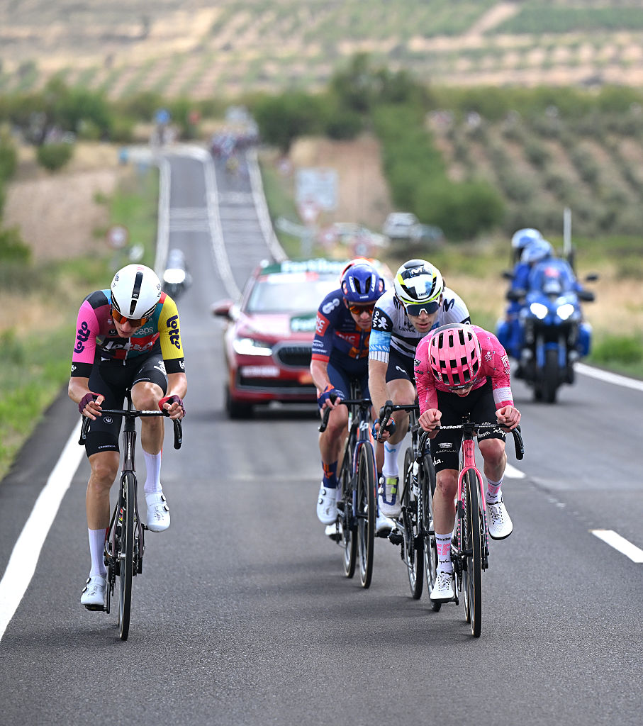 ALFARO, SPAIN - AUGUST 31: (L-R) Liam Slock of Belgium and Team Lotto, Archie Ryan of Ireland and Team EF Education - EasyPost, Kevin Vermaerke of The United States and Team Picnic PostNL and Michel Hessmann of Germany and Team Movistar compete in the breakaway during the La Vuelta - 80th Tour of Spain 2025, Stage 9 a 195.5km stage from Alfaro to Estacion de Esqui de Valdezcaray 1541m / #UCIWT / on August 31, 2025 in Alfaro, Spain. (Photo by Dario Belingheri/Getty Images)