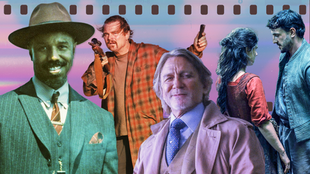 Image showing (L-R) Michael B. Jordon in "Sinners," Leonardo DiCaprio in "One Battle After Another," Daniel Craig in "Wake Up Dead Man," and Jessie Buckley and Paul Mescal in "Hamnet"